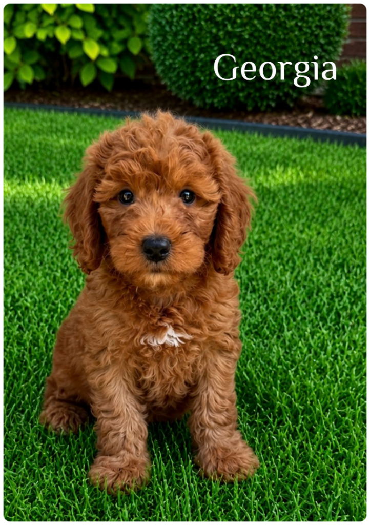 Georgia is a red f1b female mini goldendoodle with red on her chest.