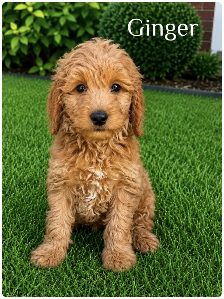 Past Puppies & Families 10 Ginger is a f1b mini female, gold with white on her chest.