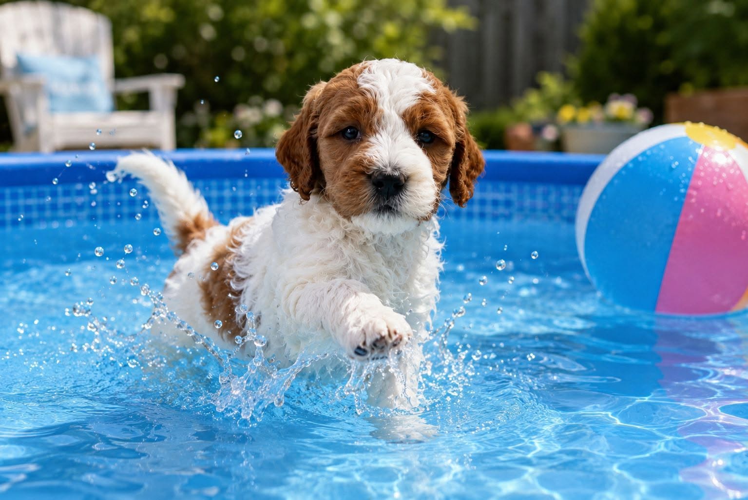 Goldendoodle puppy playing in a backyard pool with a beach ball