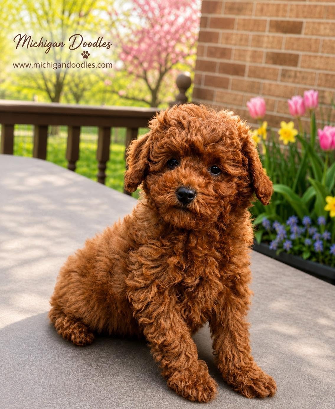 Red Mini Goldendoodle puppy sitting outdoors among spring tulips